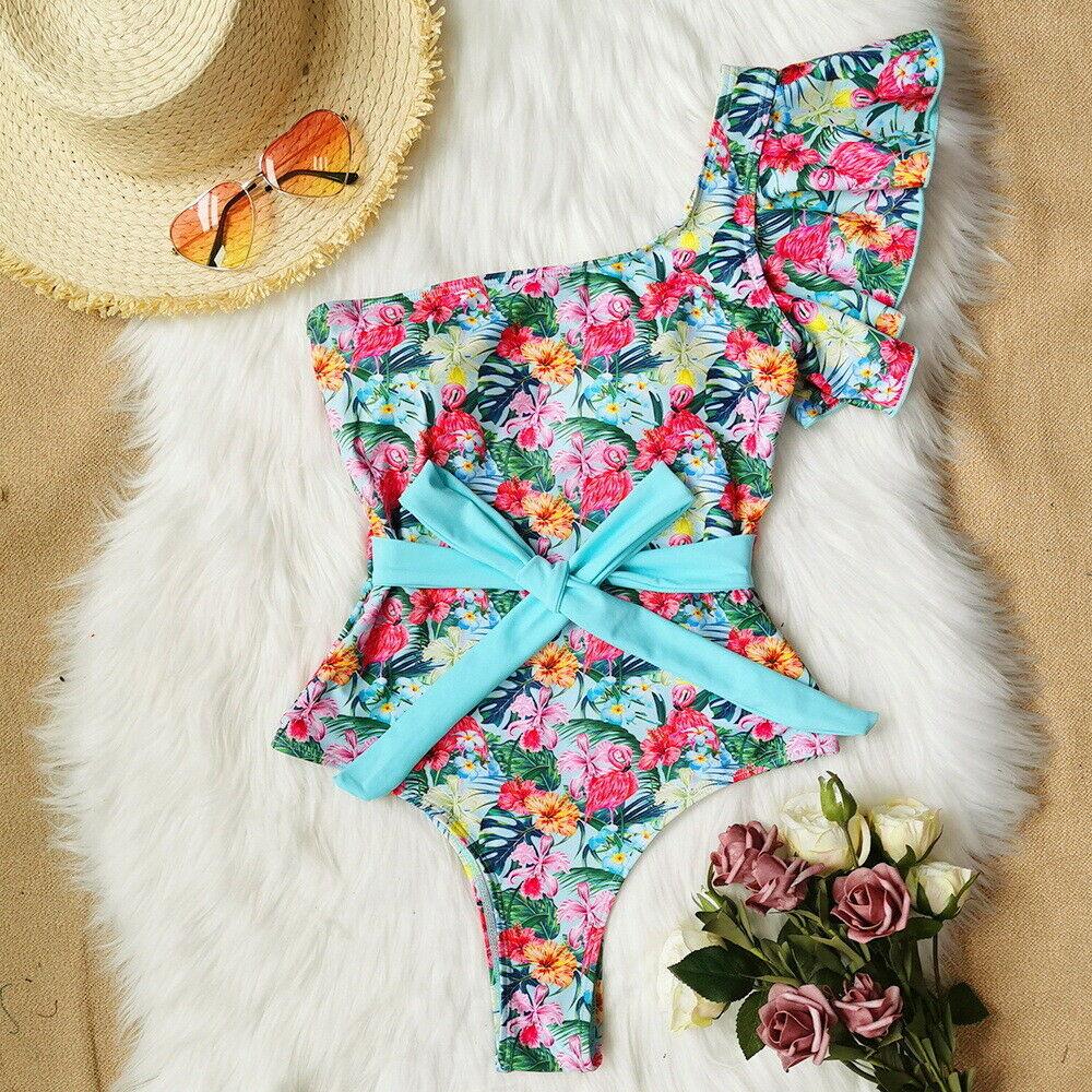 One Shoulder Swimwear Monokini Bikini-Women Swimwear-Flower #2-S-Free Shipping Leatheretro