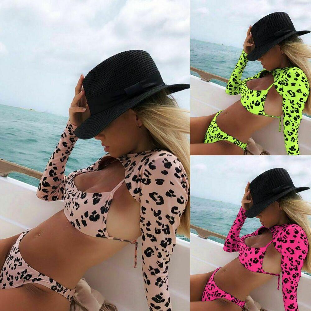 Long Sleeves Leopard 3PCS Set Swimwear-Women Swimwear-Pink-S-Free Shipping Leatheretro