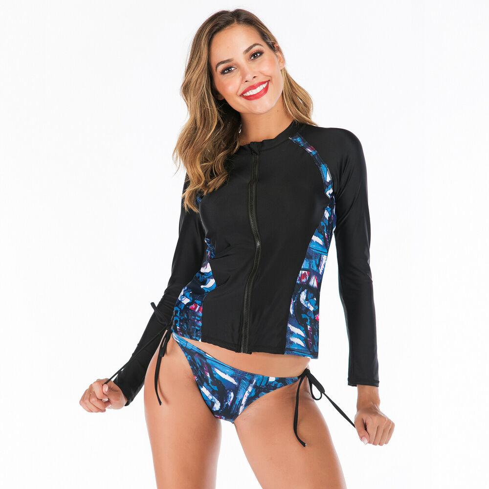 Zip Front Rash Guard Two Piece Swimwear-Women Swimwear-S-Black-Free Shipping Leatheretro