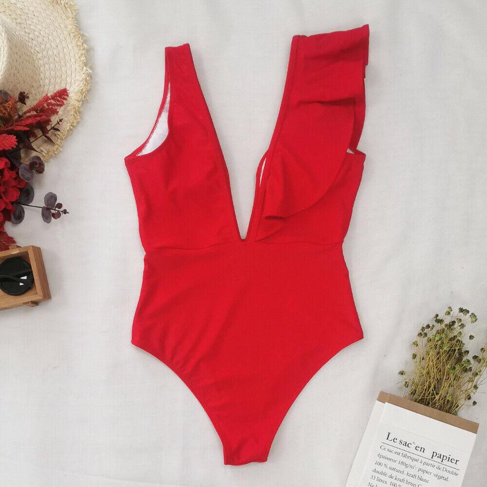 Ruffle Swimsuit One Piece Bikini-Women Swimwear-Red-S-Free Shipping Leatheretro