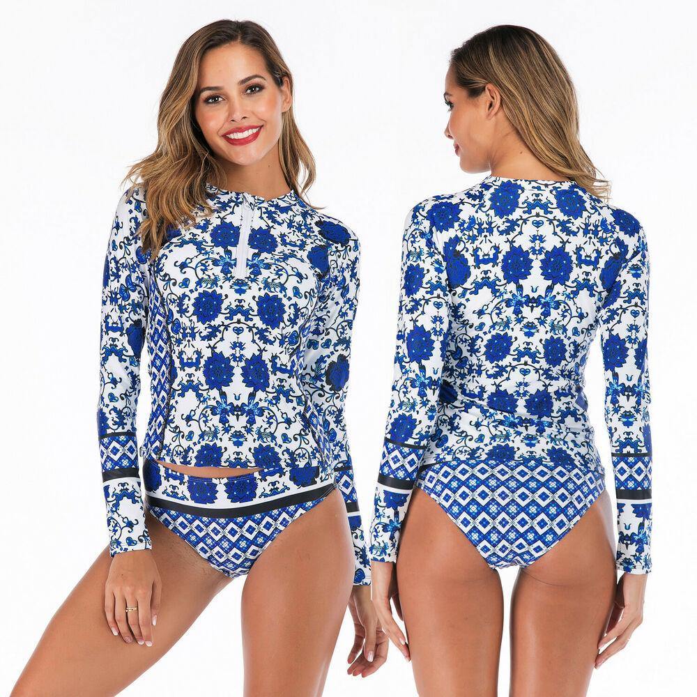 Long Sleeve Two Piece Rash Guard Swimwear-Women Swimwear-S-Free Shipping Leatheretro