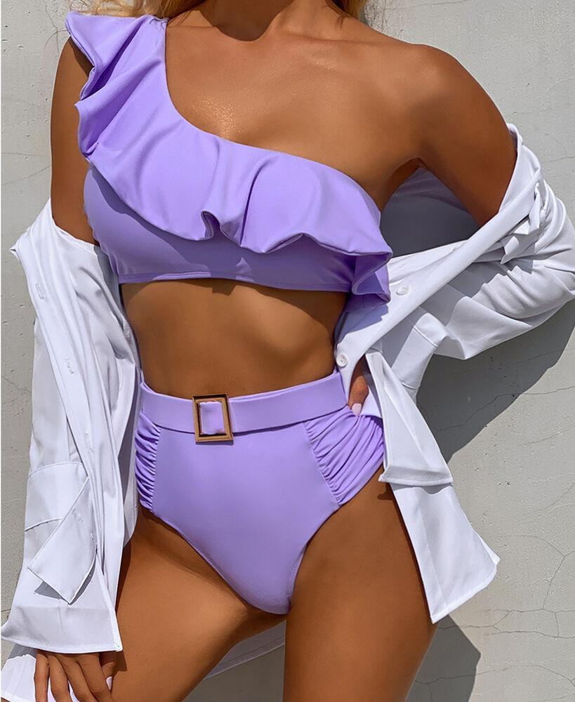 Womens One Shoulder Ruffle Bra Bikini-Women Swimwear-Purple-S-Free Shipping Leatheretro