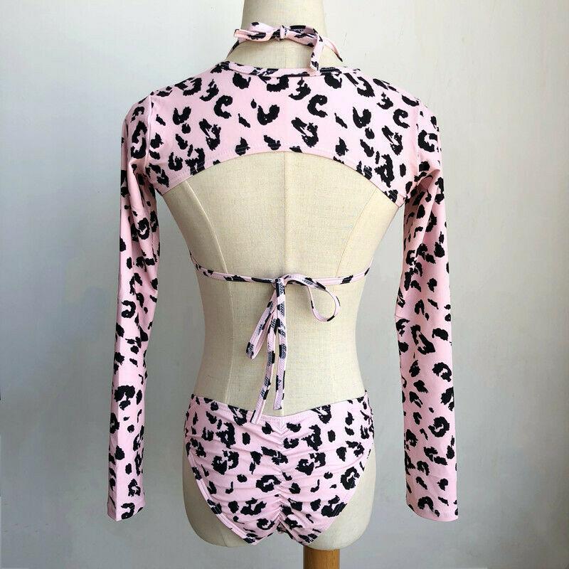 Long Sleeves Leopard 3PCS Set Swimwear-Women Swimwear-Pink-S-Free Shipping Leatheretro