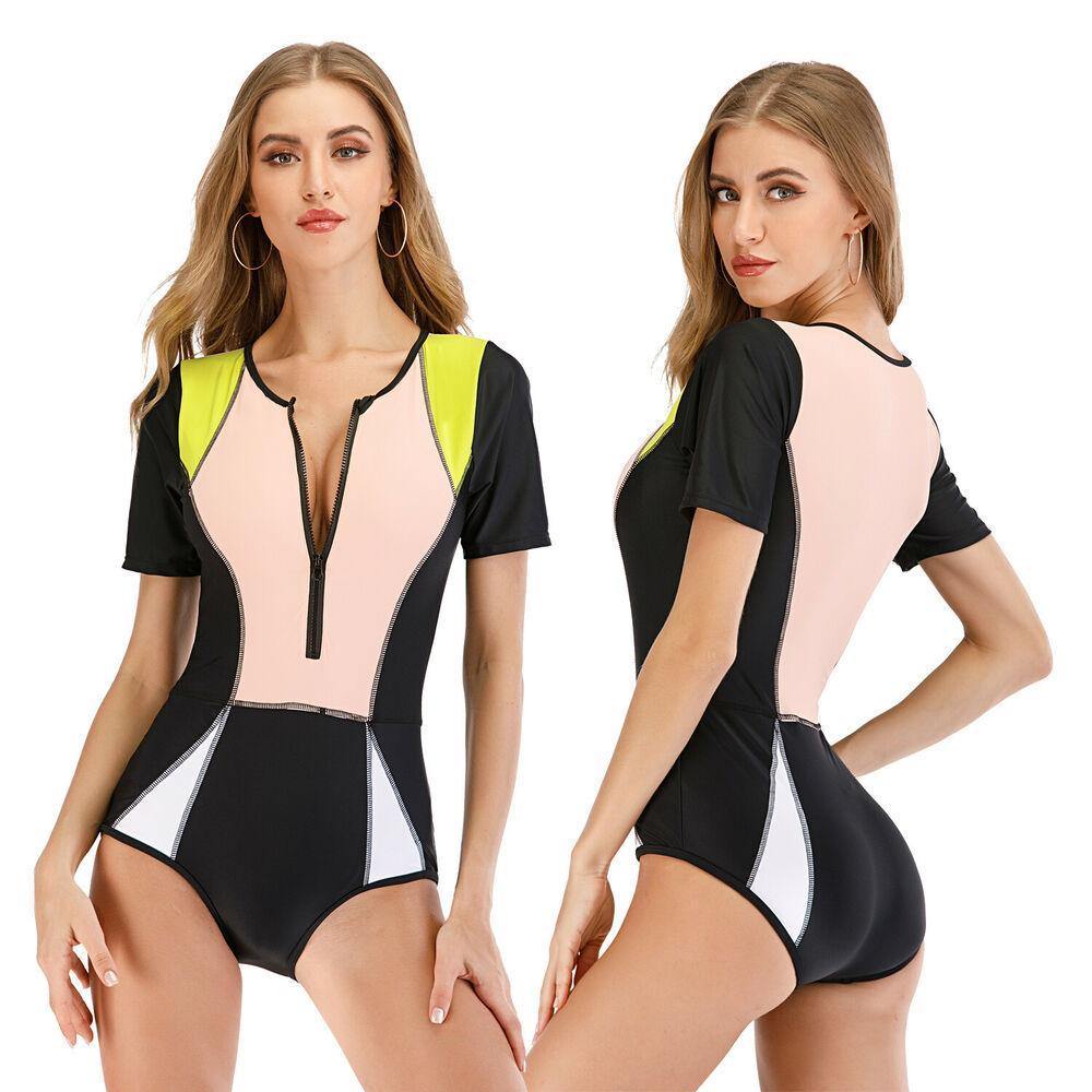 Short Sleeve One Piece Rash Guard Swimwear-Women Swimwear-S-Black+Pink-Free Shipping Leatheretro