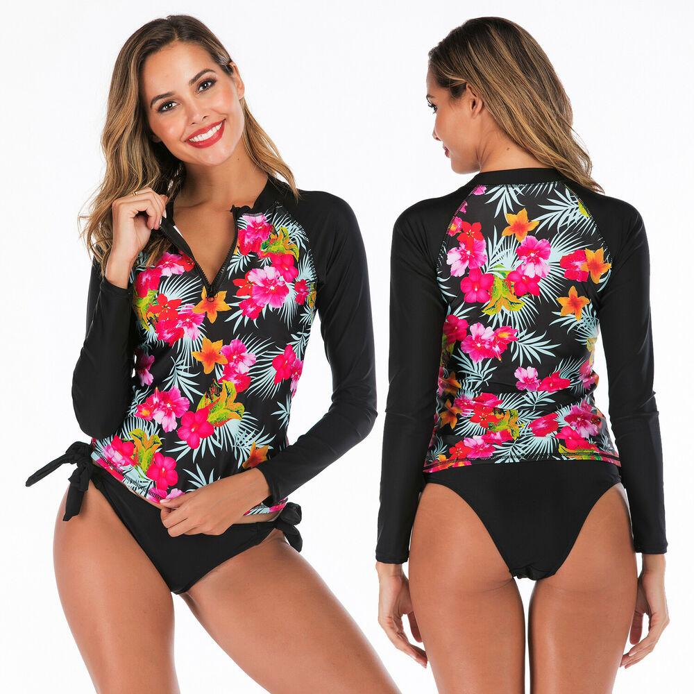 Surf Swim Zip Front Two Piece Swimsuit Set-Women Swimwear-S-Black-Free Shipping Leatheretro