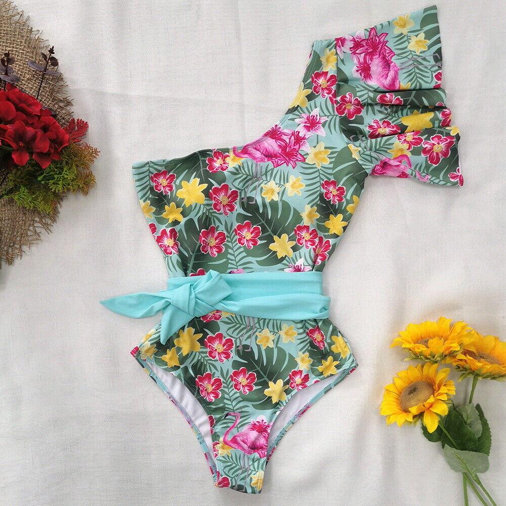 One Shoulder Swimwear Monokini Bikini-Women Swimwear-Flower #3-S-Free Shipping Leatheretro