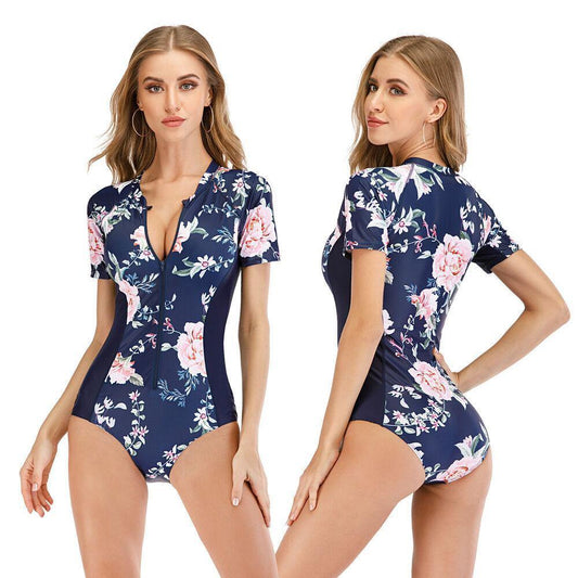 Floral Short Sleeve One Piece Swimwear-Women Swimwear-S-Free Shipping Leatheretro