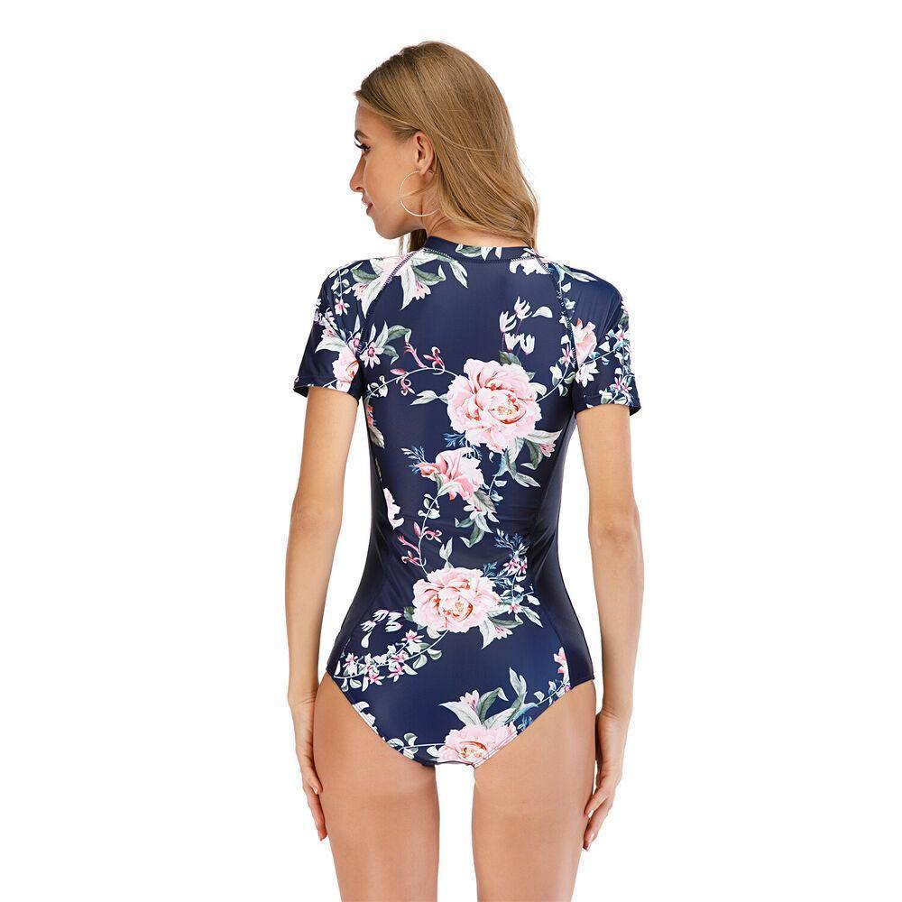 Floral Short Sleeve One Piece Swimwear-Women Swimwear-S-Free Shipping Leatheretro