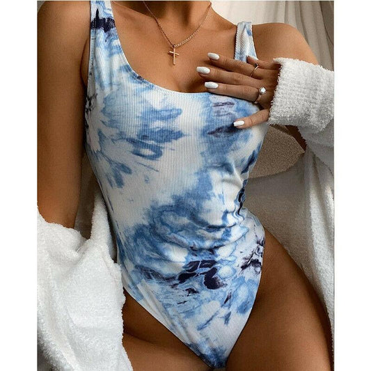 Tie Dye One Piece Swimsuit Bikini-Women Swimwear-Blue-S-Free Shipping Leatheretro