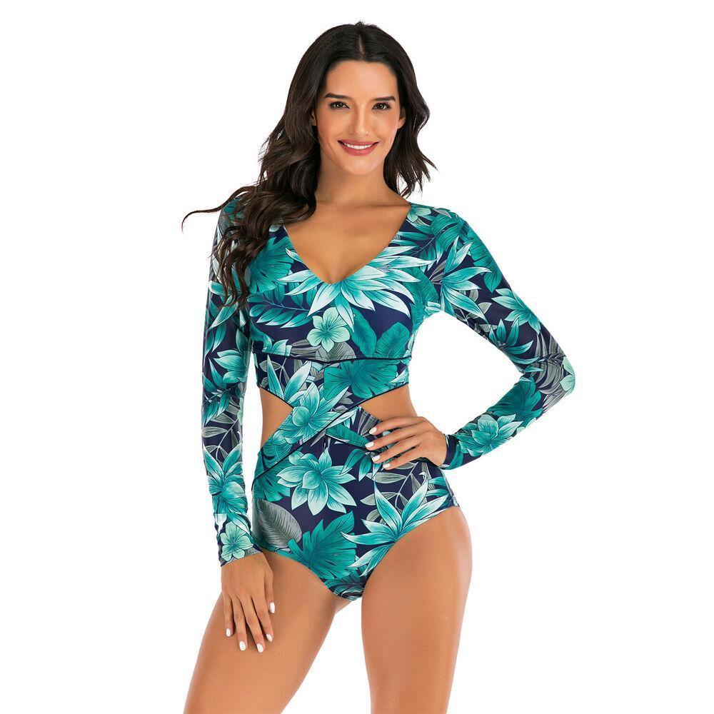 Long Sleeve One Piece Rash Guard Swimsuit-Women Swimwear-S-Free Shipping Leatheretro