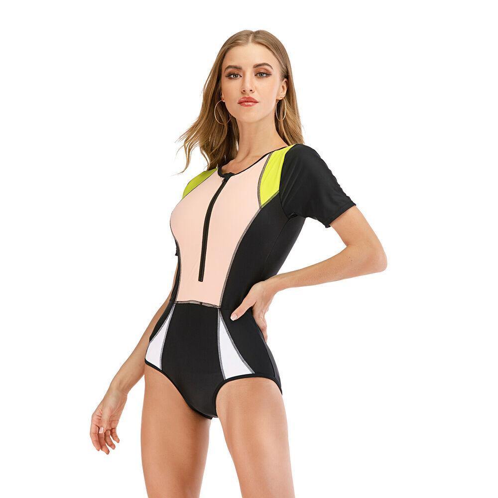 Short Sleeve One Piece Rash Guard Swimwear-Women Swimwear-S-Black+Pink-Free Shipping Leatheretro