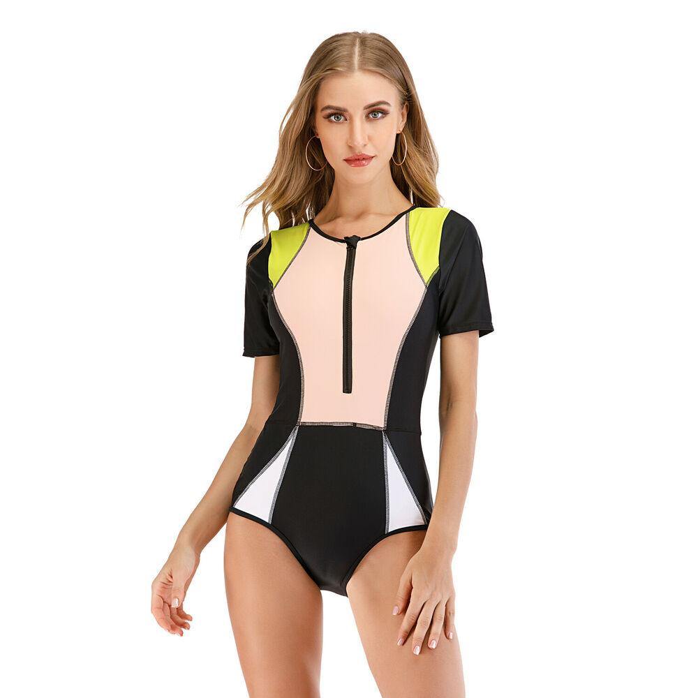 Short Sleeve One Piece Rash Guard Swimwear-Women Swimwear-S-Black+Pink-Free Shipping Leatheretro