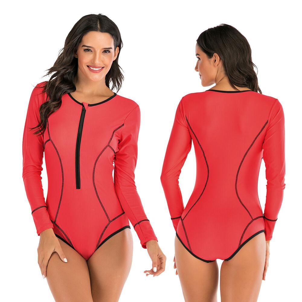 Red Long Sleeves One Piece Swimsuit-Women Swimwear-S-Free Shipping Leatheretro