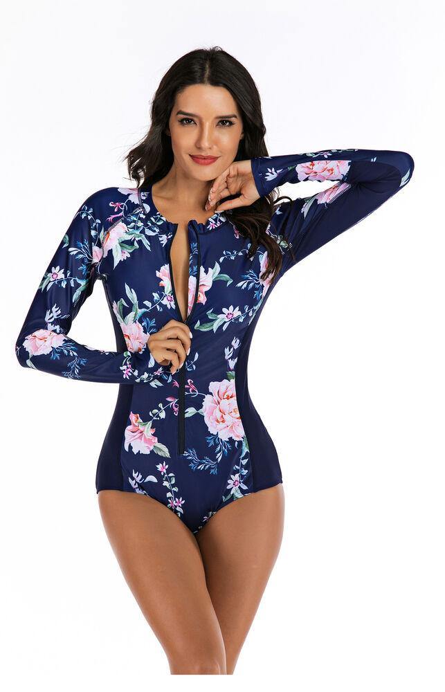 Rash Guard Zipper One Piece Swimsuit-Women Swimwear-Black-S-Free Shipping Leatheretro