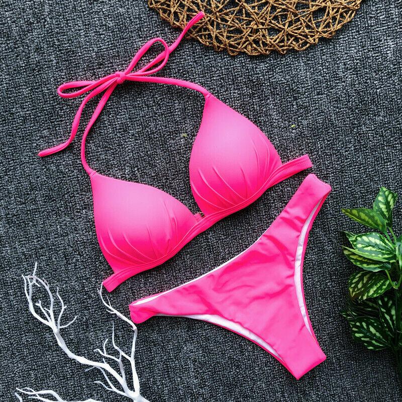 Womens Swimwear Triangle Bikini Set-Women Swimwear-Hot Pink-S-Free Shipping Leatheretro