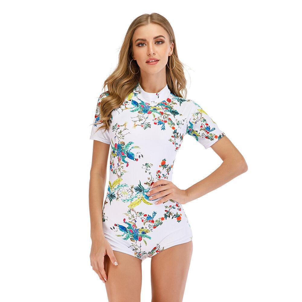 Floral Short Sleeve One Piece Swimwear-Women Swimwear-S-Free Shipping Leatheretro