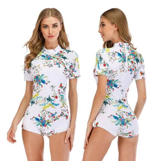 Floral Short Sleeve One Piece Swimwear-Women Swimwear-S-Free Shipping Leatheretro