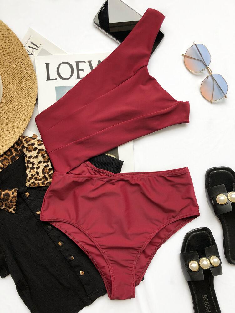 Sexy One Shoulder One Piece Monokini-Women Swimwear-Wine Red-S-Free Shipping Leatheretro