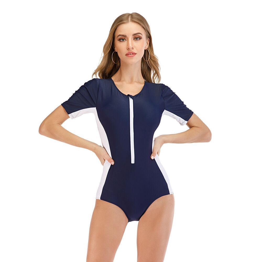 Short Sleeve One Piece Rash Guard Swimwear-Women Swimwear-S-Black+Pink-Free Shipping Leatheretro