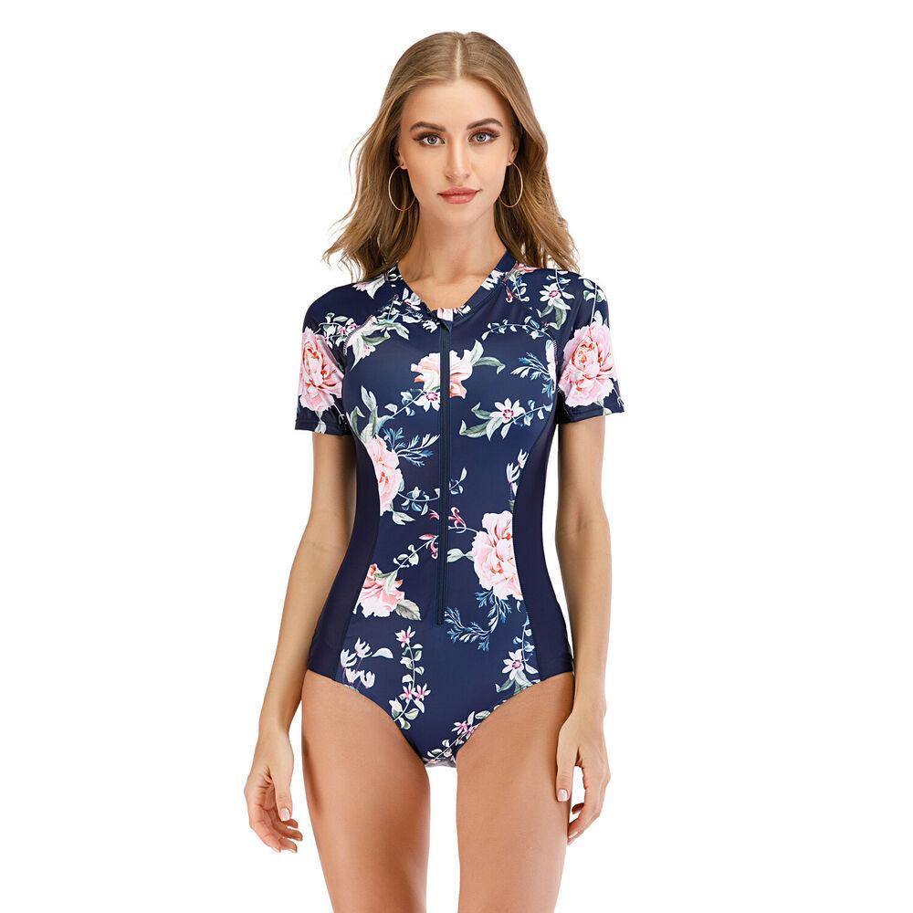 Floral Short Sleeve One Piece Swimwear-Women Swimwear-S-Free Shipping Leatheretro