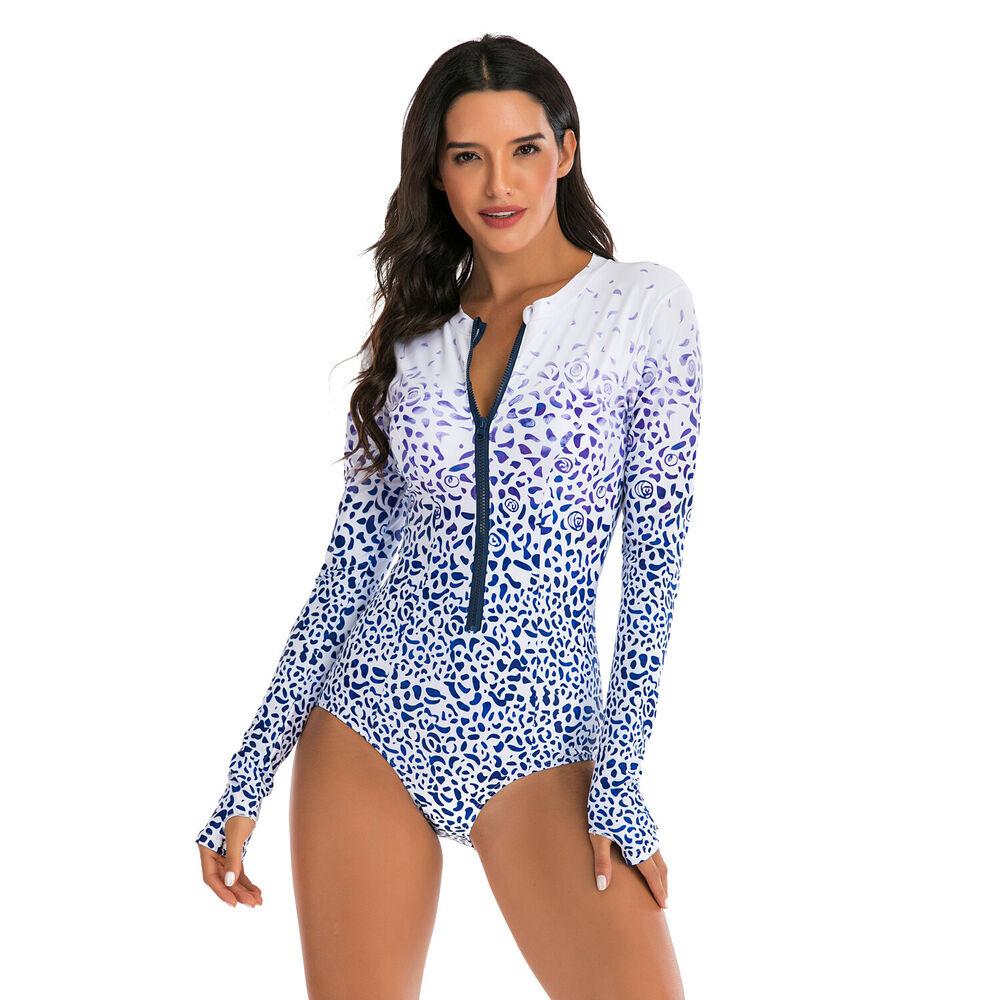 Long Sleeve Zip Front Rash Guard Swimsuit-Women Swimwear-S-Free Shipping Leatheretro