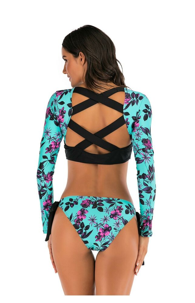 Long Sleeve Two Piece Rash Guard Swimwear-Women Swimwear-S-Free Shipping Leatheretro