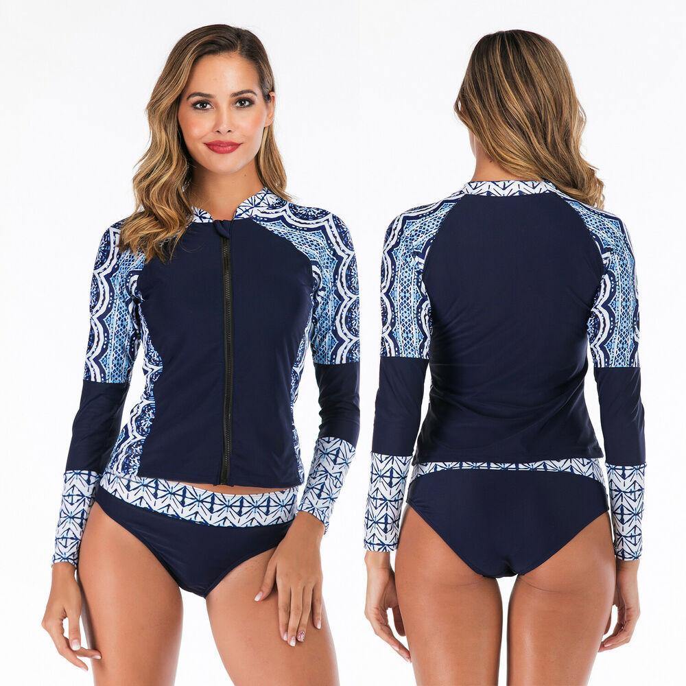 Women Zip Front Long Sleeve Swimwear-Women Swimwear-Navy-S-Free Shipping Leatheretro