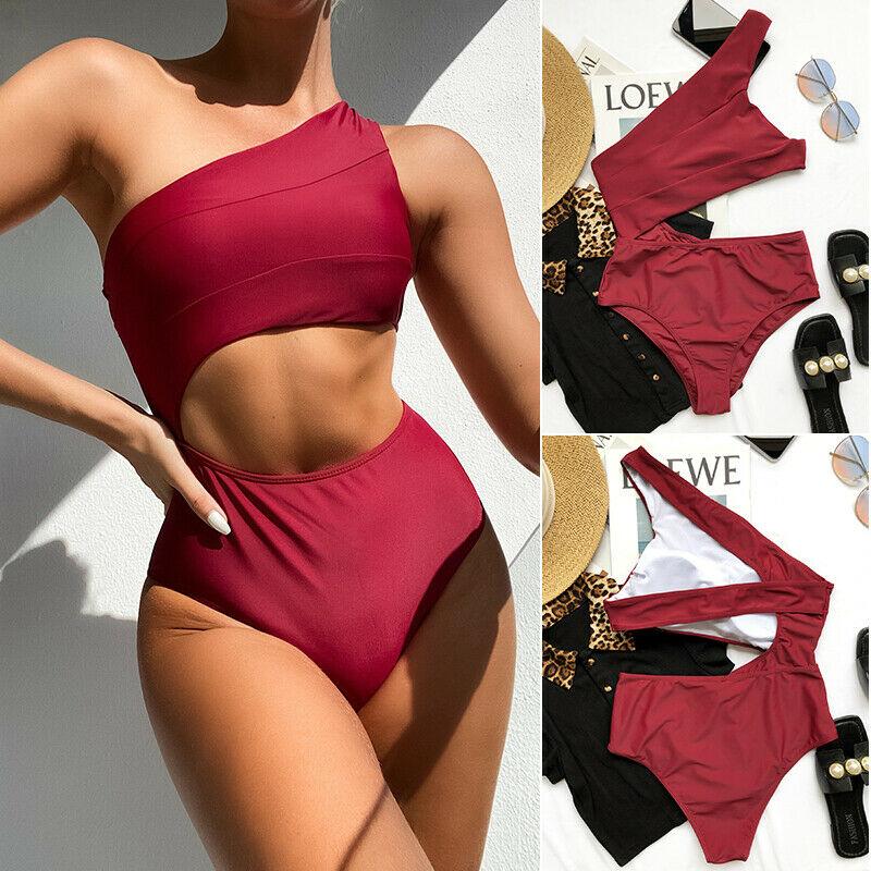 Sexy One Shoulder One Piece Monokini-Women Swimwear-Wine Red-S-Free Shipping Leatheretro