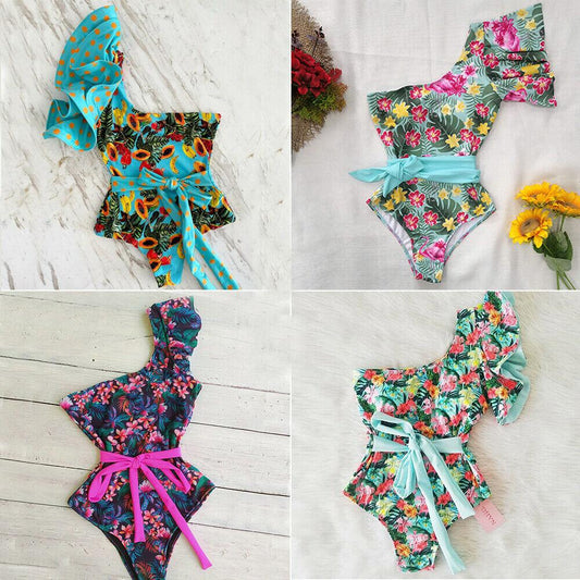 One Shoulder Swimwear Monokini Bikini-Women Swimwear-Flower#1-S-Free Shipping Leatheretro