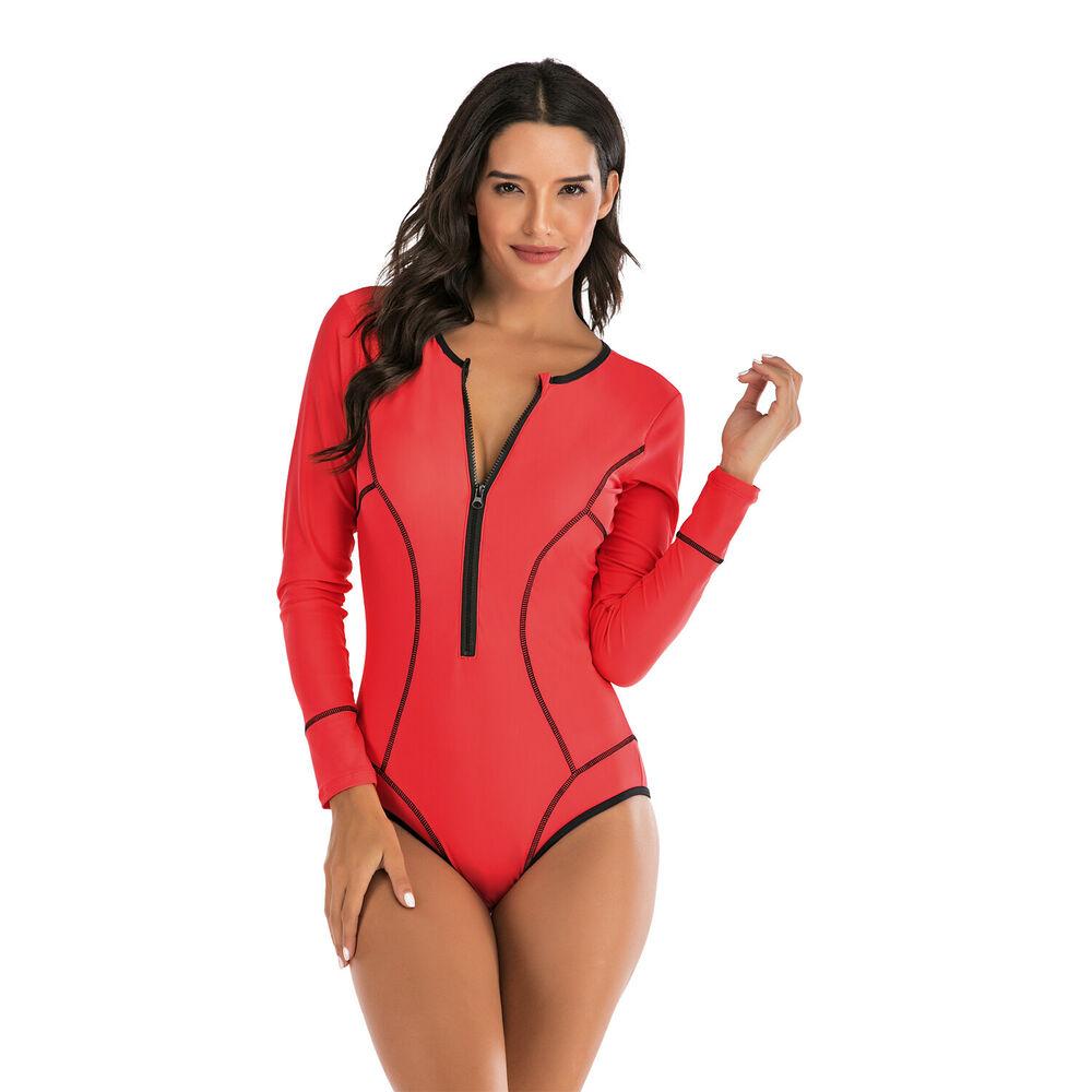 Red Long Sleeves One Piece Swimsuit-Women Swimwear-S-Free Shipping Leatheretro