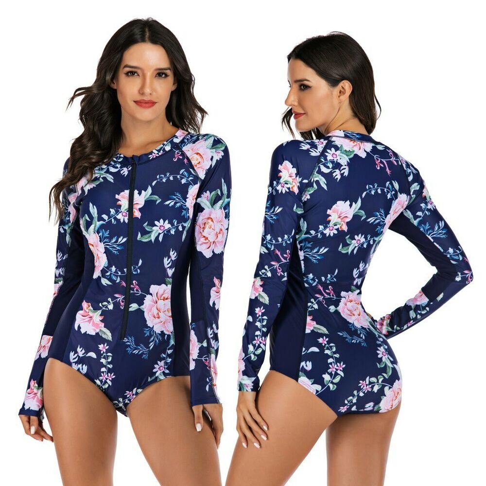 Rash Guard Zipper One Piece Swimsuit-Women Swimwear-Blue Flower-S-Free Shipping Leatheretro