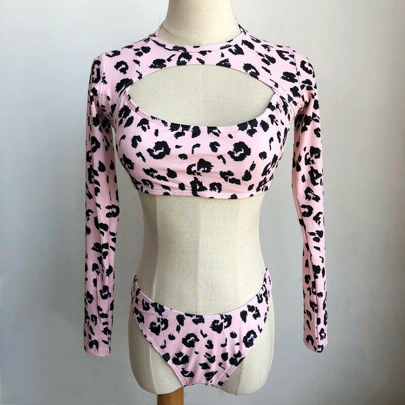 Long Sleeves Leopard 3PCS Set Swimwear-Women Swimwear-Pink-S-Free Shipping Leatheretro