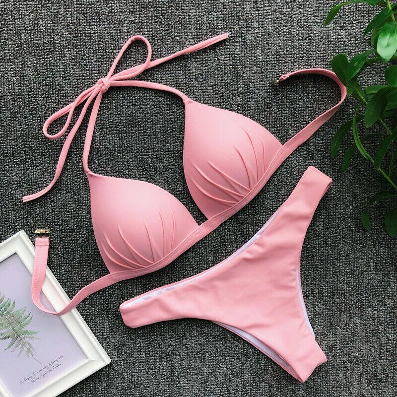 Womens Swimwear Triangle Bikini Set-Women Swimwear-Pink-S-Free Shipping Leatheretro