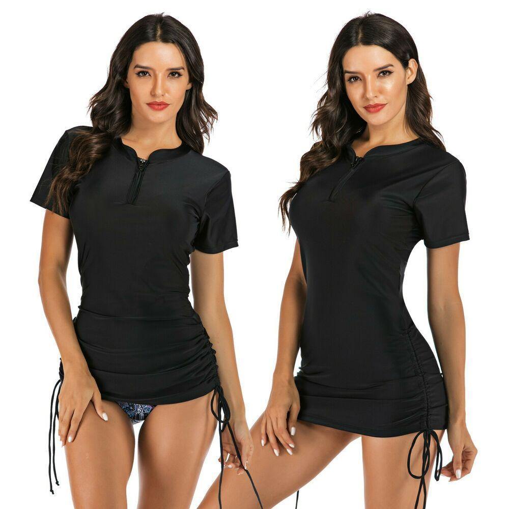 Black Short Sleeve Two Piece Swimsuit-Women Swimwear-S-Free Shipping Leatheretro