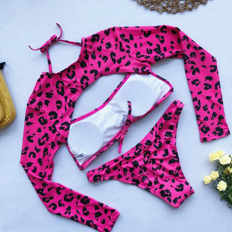 Long Sleeves Leopard 3PCS Set Swimwear-Women Swimwear-Pink-S-Free Shipping Leatheretro