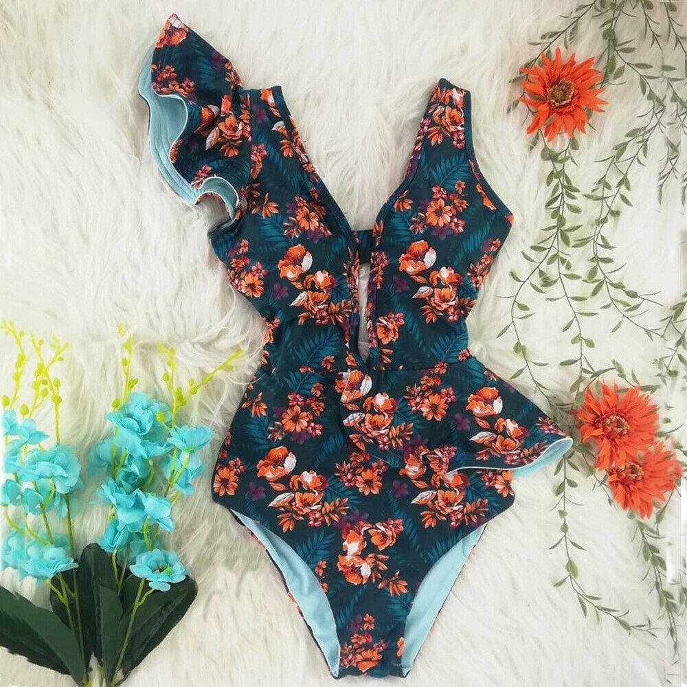 Ruffle Swimsuit One Piece Bikini-Women Swimwear-Blue-S-Free Shipping Leatheretro