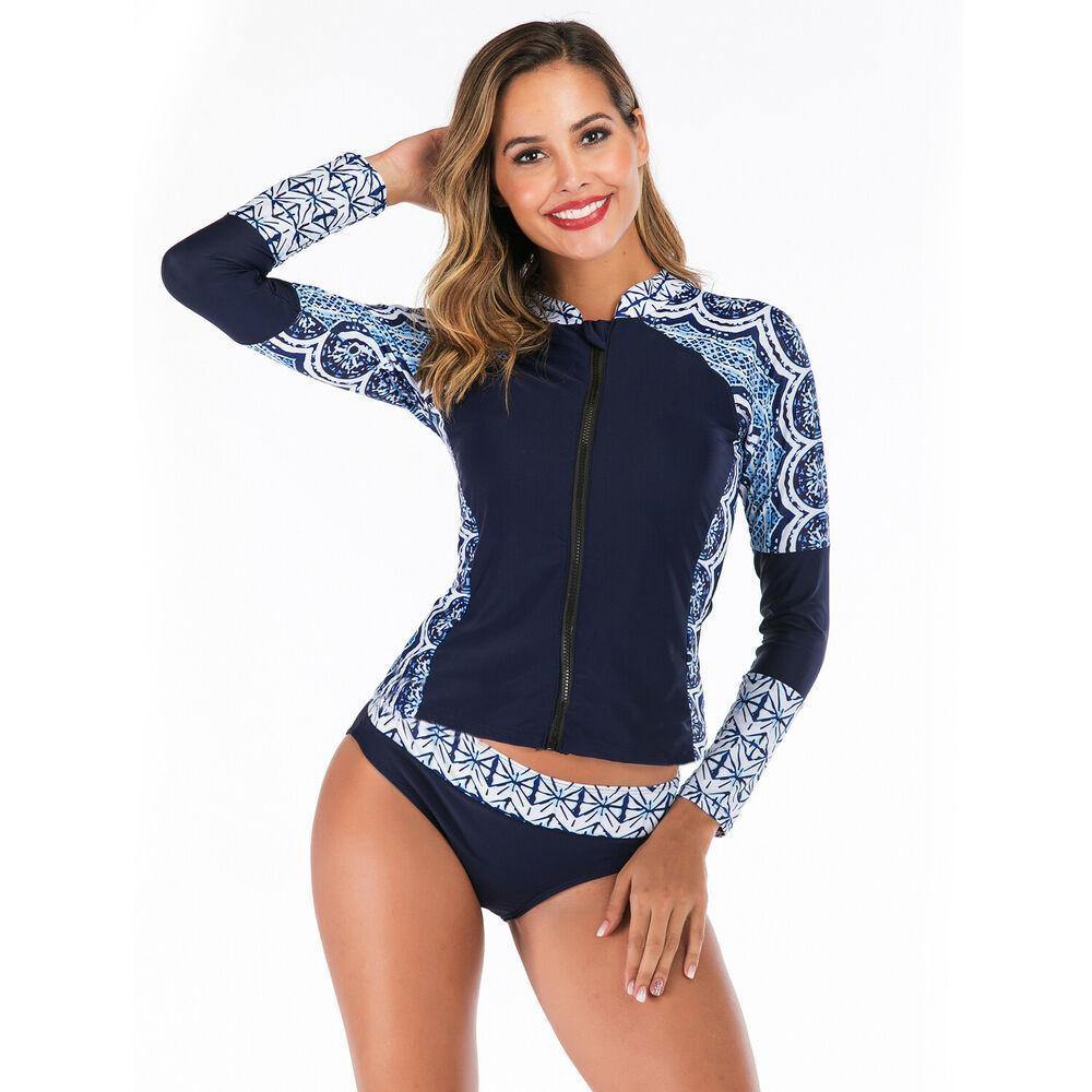 Women Zip Front Long Sleeve Swimwear-Women Swimwear-Navy-S-Free Shipping Leatheretro