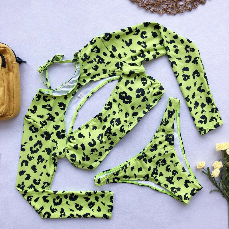 Long Sleeves Leopard 3PCS Set Swimwear-Women Swimwear-Pink-S-Free Shipping Leatheretro