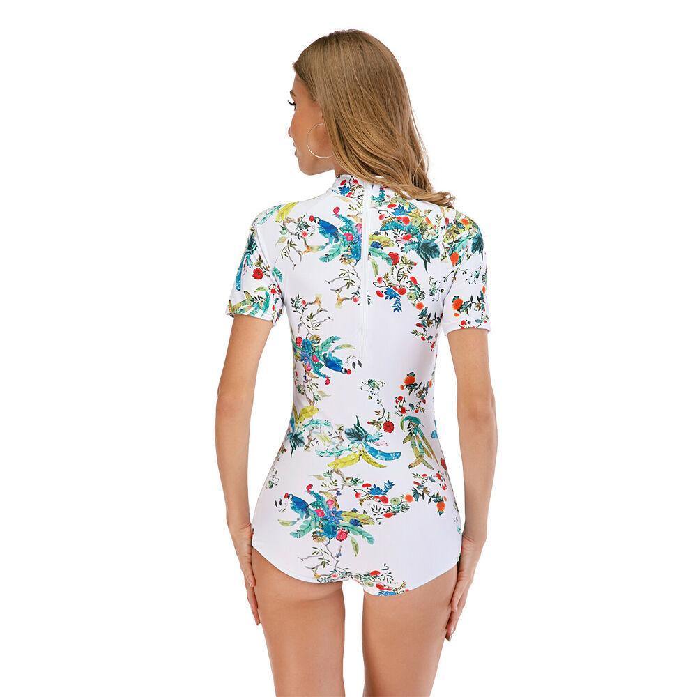 Floral Short Sleeve One Piece Swimwear-Women Swimwear-S-Free Shipping Leatheretro