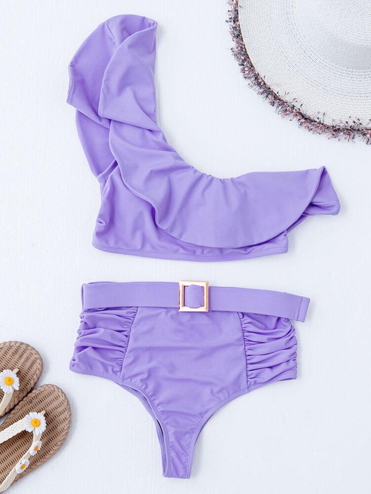 Womens One Shoulder Ruffle Bra Bikini-Women Swimwear-Purple-S-Free Shipping Leatheretro