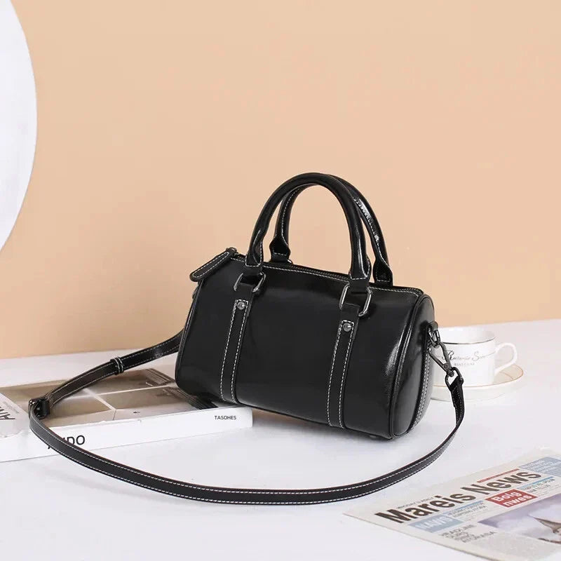 Cortex Lady Casual Zip Crossbody Bag - Top Grain Leather Cylinder Bag-Crossbody Bag-Black-Free Shipping Leatheretro