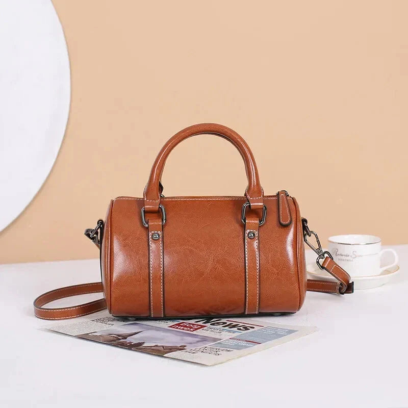 Cortex Lady Casual Zip Crossbody Bag - Top Grain Leather Cylinder Bag-Crossbody Bag-Caramel Color-Free Shipping Leatheretro