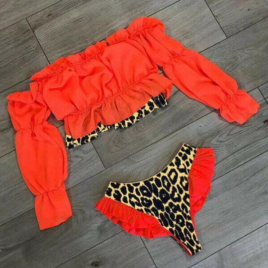 Sexy Women's Orange Long Sleeve Swimsuit-Women Swimwear-M-Orange-Free Shipping Leatheretro