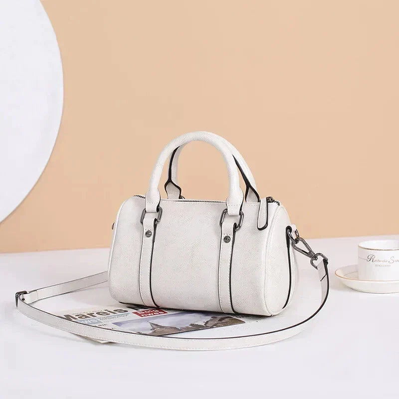Cortex Lady Casual Zip Crossbody Bag - Top Grain Leather Cylinder Bag-Crossbody Bag-White-Free Shipping Leatheretro