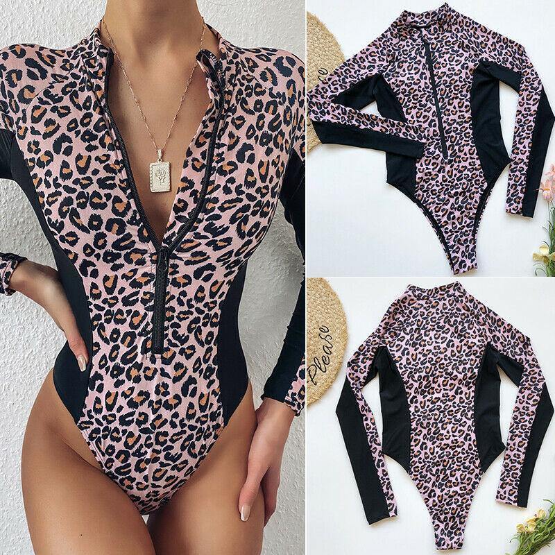 Long Sleeves Zippered One Piece Swimsuits-Women Swimwear-L-Leopard-Free Shipping Leatheretro