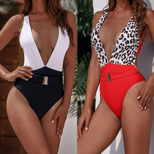 Womens Cross Back One Piece Monokini-Women Swimwear-Red Leopard-S-Free Shipping Leatheretro