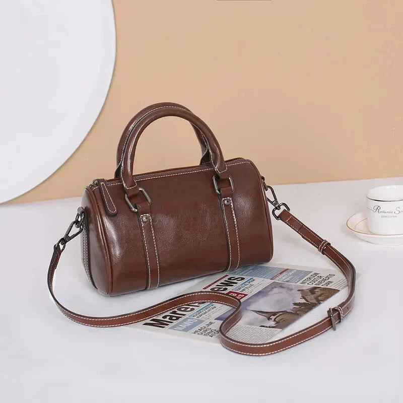 Cortex Lady Casual Zip Crossbody Bag - Top Grain Leather Cylinder Bag-Crossbody Bag-Brown-Free Shipping Leatheretro