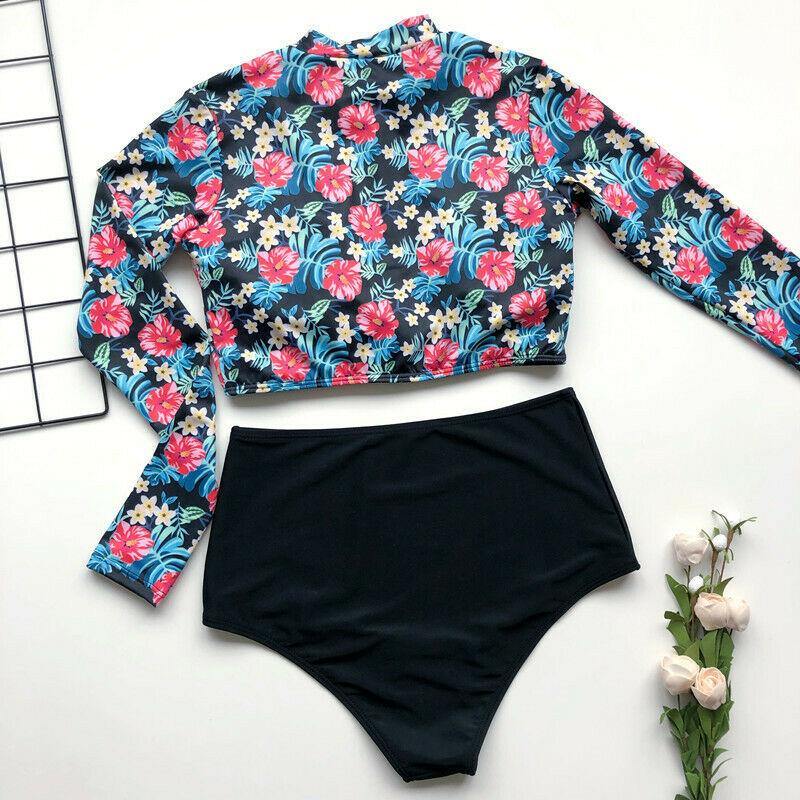 Long Sleeve High Waist Flower Zippered Swimsuit-Shirts&Blouses-Pink Flower-L-Free Shipping Leatheretro