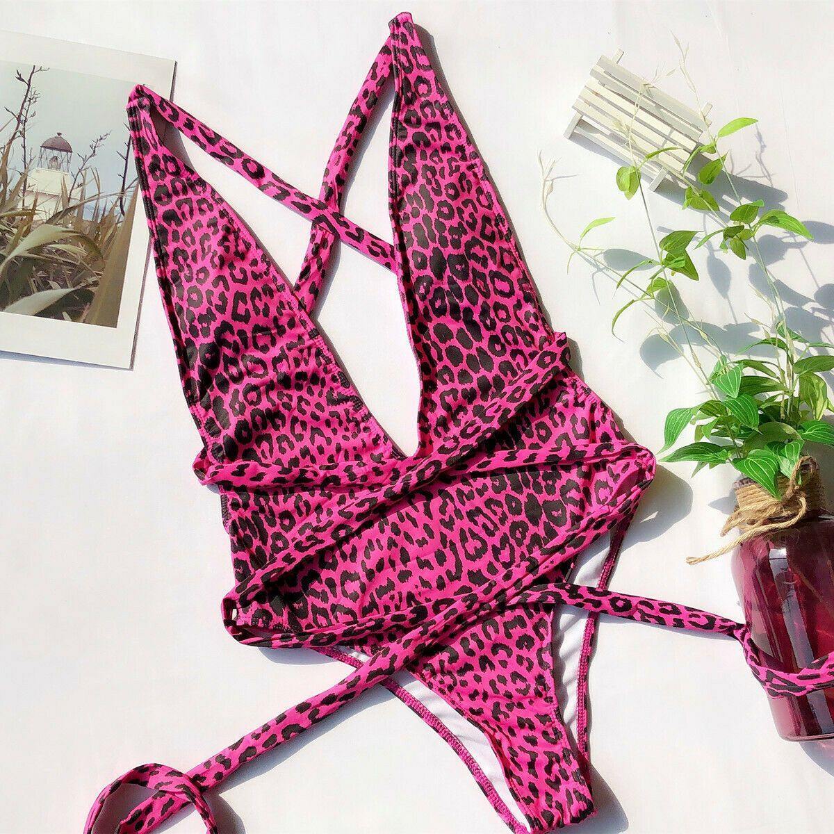 Leopard Bangdage One Piece Swimsuit-Women Swimwear-Leopard/Hot pink-M-Free Shipping Leatheretro