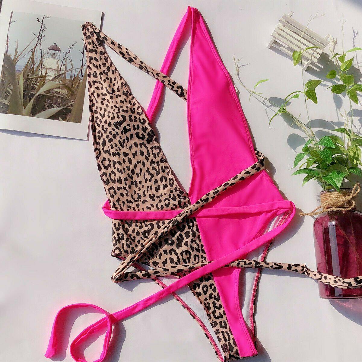 Leopard Bangdage One Piece Swimsuit-Women Swimwear-Hot pink-L-Free Shipping Leatheretro